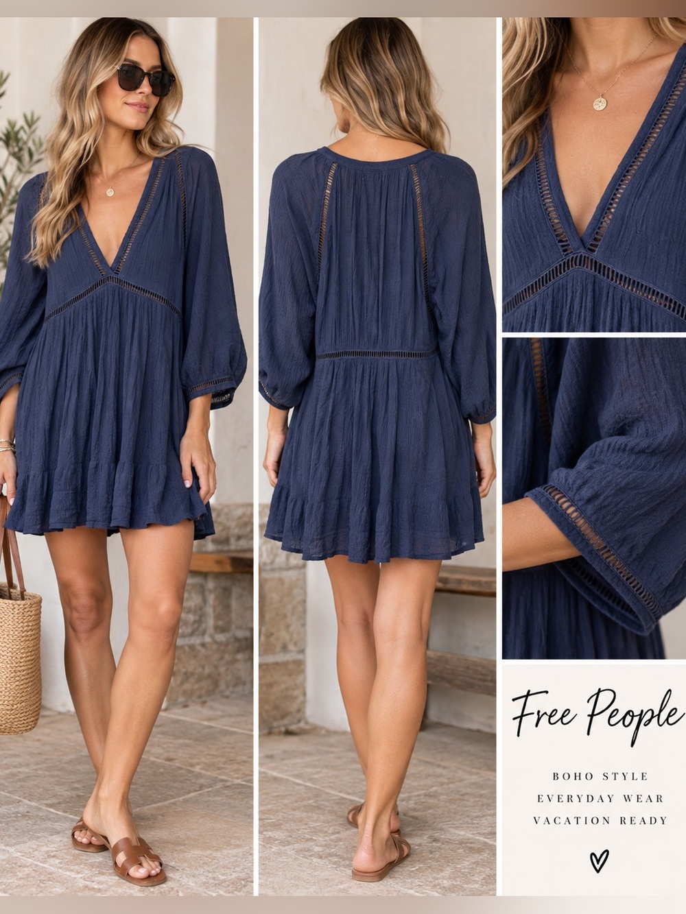 Free People Navy Blue Boho Mini Dress Ladder Lace V-Neck Size Small